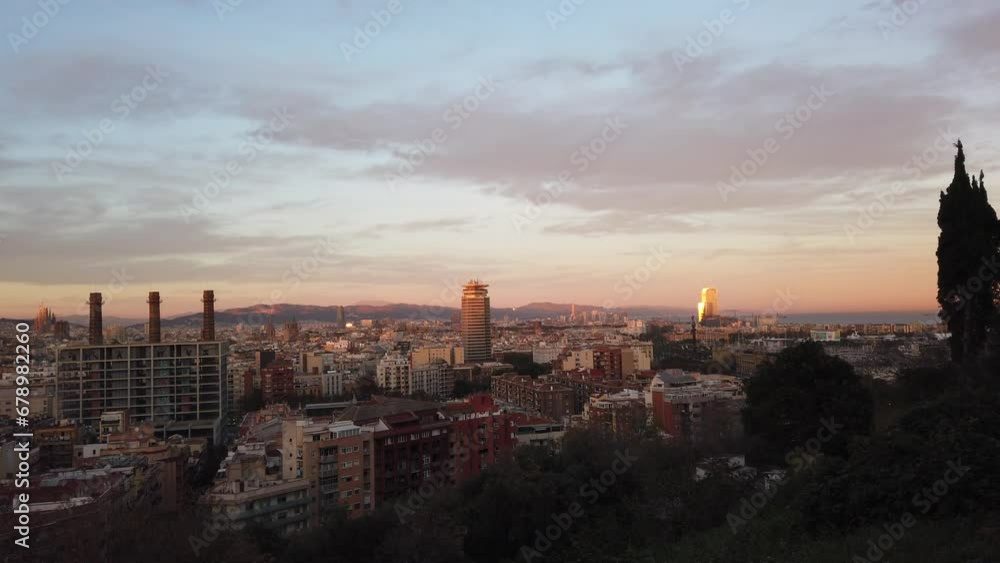 Barcelona Three Chimneys Panoramic Skyline of the City from Montjiuc Hills Town under Golden Sunset, Aerial View Barcelona Three Chimneys Panoramic Skyline of the City from Montjiuc Hills Town under Golden Sunset, Aerial View