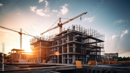 Construction background: A Construction site of large residential commercial building, some already built, large metal structure with bright sky background. © Phoophinyo