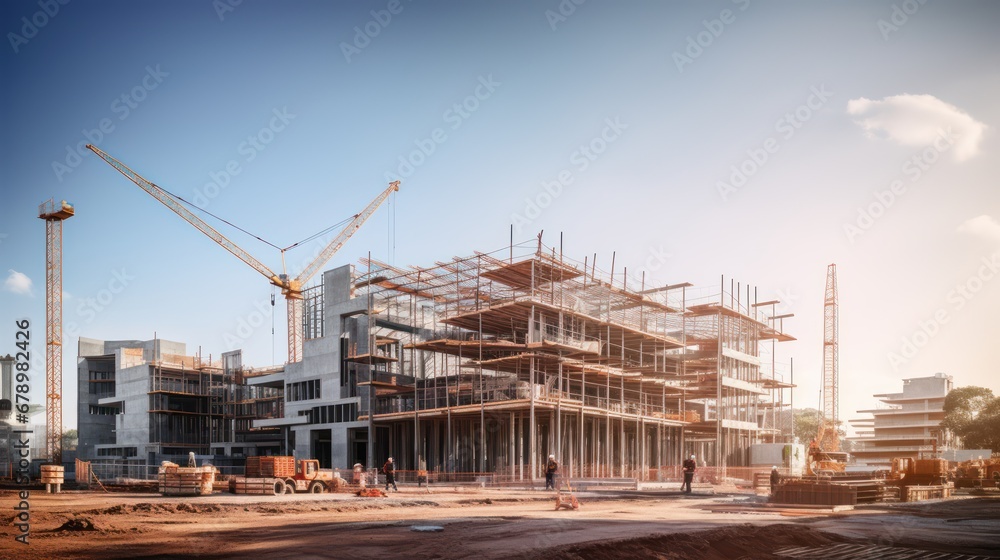 Construction background: A Construction site of large residential commercial building, some already built, large metal structure with bright sky background.