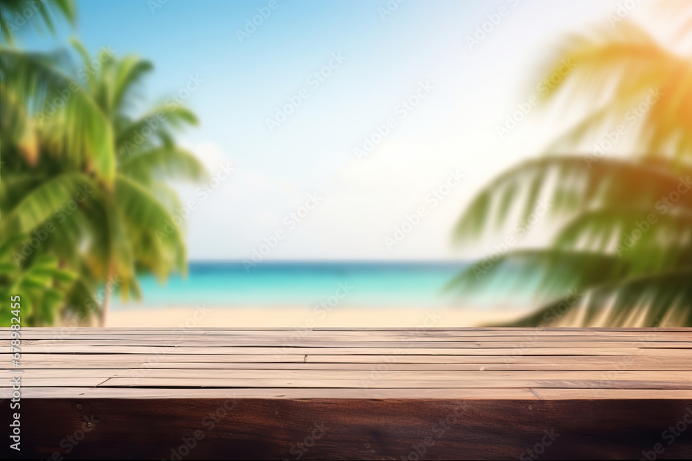 Empty wooden table by the tropical ocean, a display of tranquility and relaxation. Paradise found with palm trees, a blue sky, and a serene beach. Is AI Generative. Empty wooden table by the tropical ocean, a display of tranquility and relaxation. Paradise found with palm trees, a blue sky, and a serene beach. Is AI Generative.