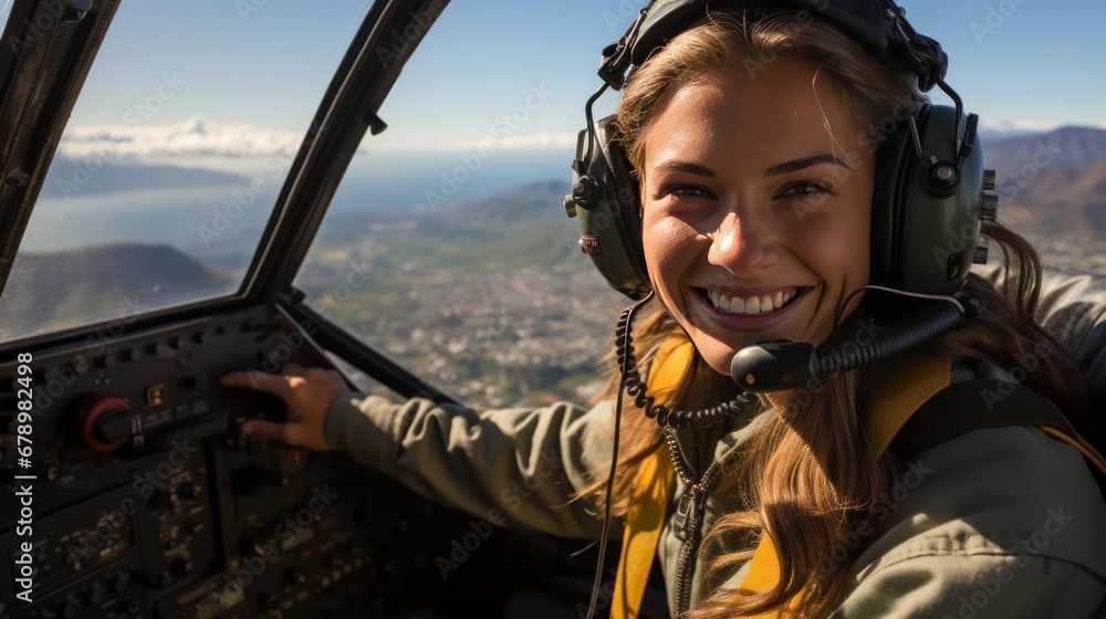 A beautiful female pilot taking a selfie in the cockpit while piloting a plane with the sky in the background. A beautiful female pilot taking a selfie in the cockpit while piloting a plane with the sky in the background.