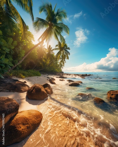 Radiant Tropical Beach: Bask in the Warmth of the Sun's Rays on a Blissful Day in Paradise photo