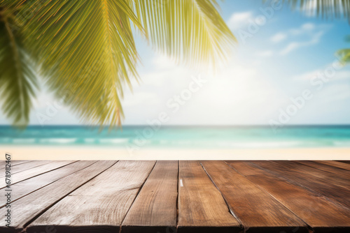 Tranquil scene: an empty wooden table by the ocean in the tropics. Paradise found with palm trees, a beautiful horizon, and a serene beach. Is AI Generative.