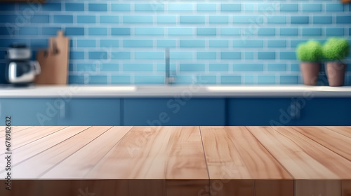 Wooden countertop on the background of a blue kitchen. Sunny warm morning time.