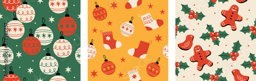 A set of three seamless patterns with Christmas motifs.