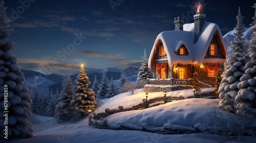 Beautiful winter house and christmas tree on the mountain