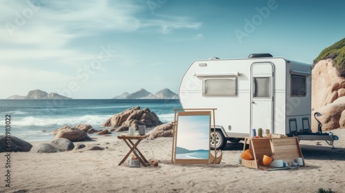 A Top Summer poster banner template for promotion with stone display stand and beach background, camping car and seaside recreation equipment.