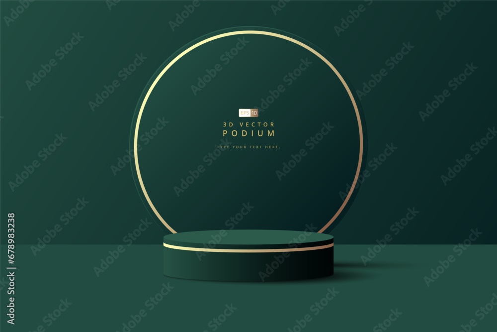 Luxury dark green 3D cylinder podium realistic or pedestal stage for product display presentation with round circle shape backdrop. Minimal scene for mockup. stage showcase. 3d vector geometric form. - obrazy, fototapety, plakaty 