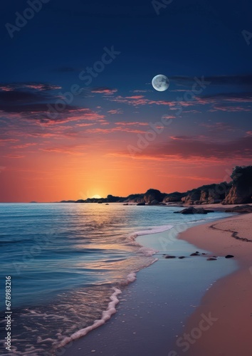 Serene Sunset on a Tranquil Shoreline: A Hyper-Realistic Beachscape