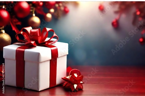 a red gift box with a gold bow on a table. generative ai Elegantly Wrapped Red Gold Gift with Shiny Ribbon Perfect for Holidays Birthdays and Special Occasions, Generative Ai 