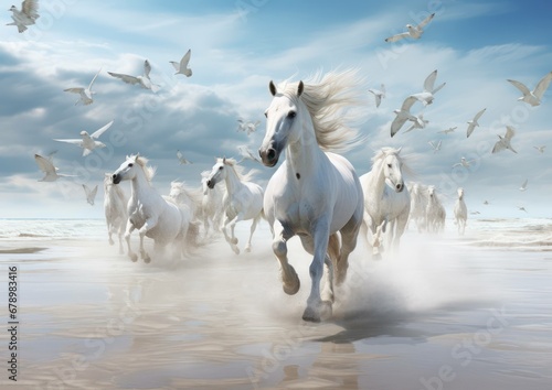 Seagulls Soaring Above Majestic White Horses Galloping Along the Sandy Shoreline