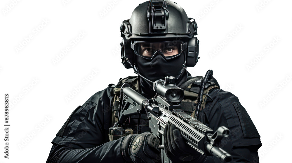 A Special Agent Commando in ready-to-operate uniform and weapons. A Special Agent Commando in ready-to-operate uniform and weapons.