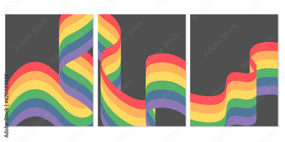 Set of templates for banner, cover, poster, postcard. Abstract rainbow rainbow stripes of smooth curved ribbon,dedicated to LGBT pride month or pride day, isolated on beige background. Optical 3D art