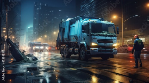 A Garbage trucks collecting garbage in the quiet night of a big city, government garbage collectors at work, a cold night, bright lights of tall buildings. photo