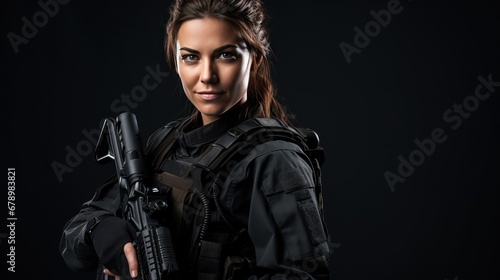 A Beautiful female special agent commando smiling in operational gear and weapons.