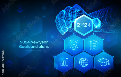 2024 New year Goals and plans. Wireframe hand places an element into a composition visualizing Goal acheiveement and success in 2024. Business plan and strategies concept. Vector illustration.