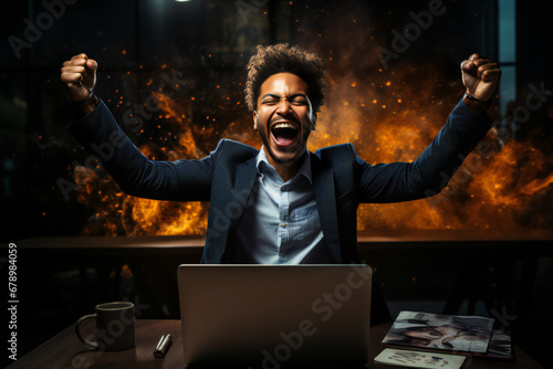Joyful business woman, freelancer, entrepreneur smiling and rejoices in victory while sitting at desk, working at laptop after finishing project in home office