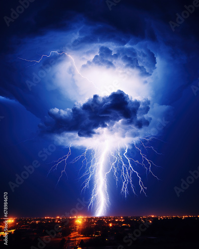 A violent tornado storm with lightning over a city. © Inge