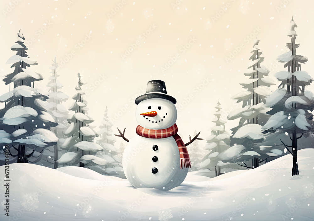 Snowman in a christmas xmas winter landscape Minimalism style