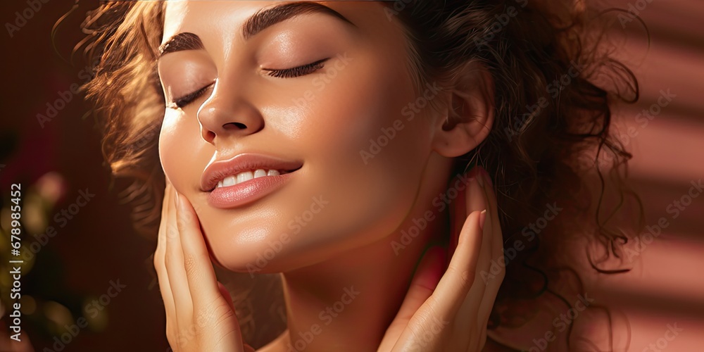 A young and very beautiful girl feels her face after peeling and smiles. Cosmetic procedures. Generated by AI. A young and very beautiful girl feels her face after peeling and smiles. Cosmetic procedures. Generated by AI.