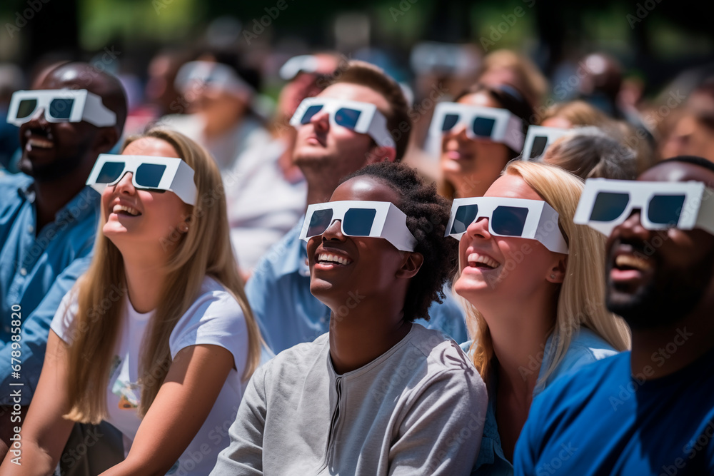 group of people very excited in the park watching solar eclipse through safe solar viewing glasses - obrazy, fototapety, plakaty 