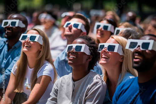 group of people very excited in the park watching solar eclipse through safe solar viewing glasses © LuisFernando