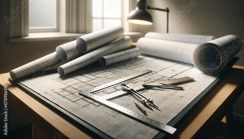 an architect's drafting table with blueprints, a ruler, and a drawing compass