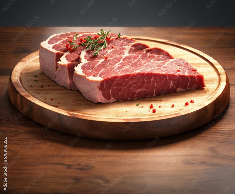 professional rendering of a juicy slice of meat on a wooden plate with blank background piece of raw meat on a plate professional rendering of a slice of meat that is smoking with black backgrou