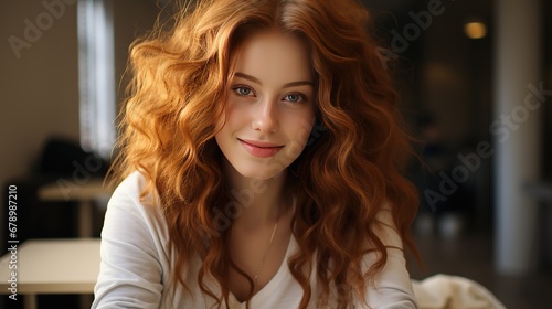 Curly cute red-haired young beauty girl looking and smiling sweetly