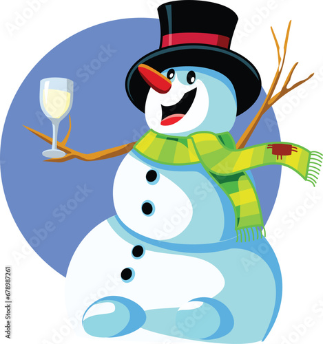 Snowman Holding a Glass of Champagne Vector Cartoon Illustration. Funny Christmas character celebrating with white wine glass 
