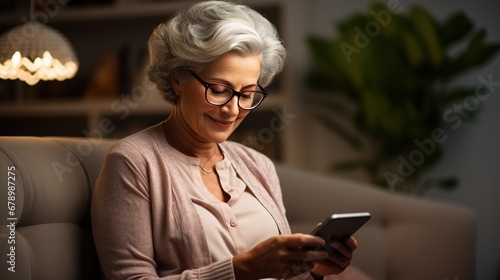 An elderly woman sits on the couch at home and types on the phone and write text, lern and understands new technologies photo