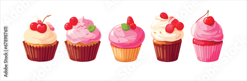 Cupcake, fairy cake. 3d realistic vector icon set. Falling cupcake and donuts. 3d realistic vector background