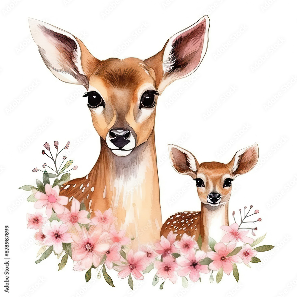 Cute mom and baby deer with flower Illustration, Generative Ai Cute mom and baby deer with flower Illustration, Generative Ai