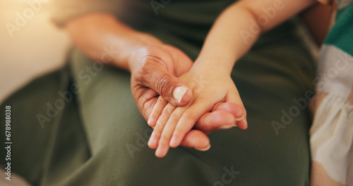Child, old woman and holding hands closeup for safety care or together bonding, protection or relax. Young kid, grandparent and fingers or family connection in retirement, embrace for development