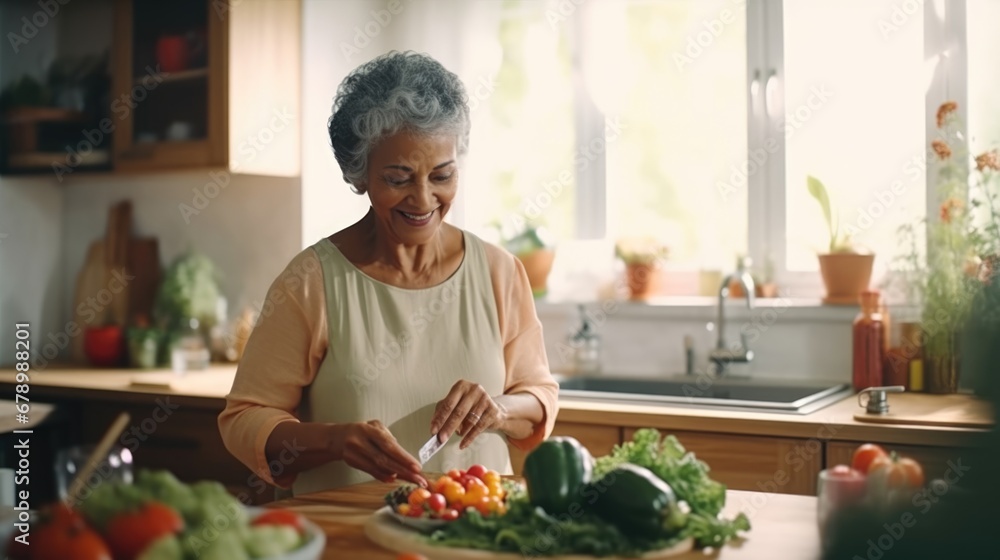 Elderly senior pensioner female standing in domestic kitchen preparing food for dinner or breakfast meal, retired woman cooking, Hispanic grandmother happy cutting tomatoes fresh vegetables on board - obrazy, fototapety, plakaty 
