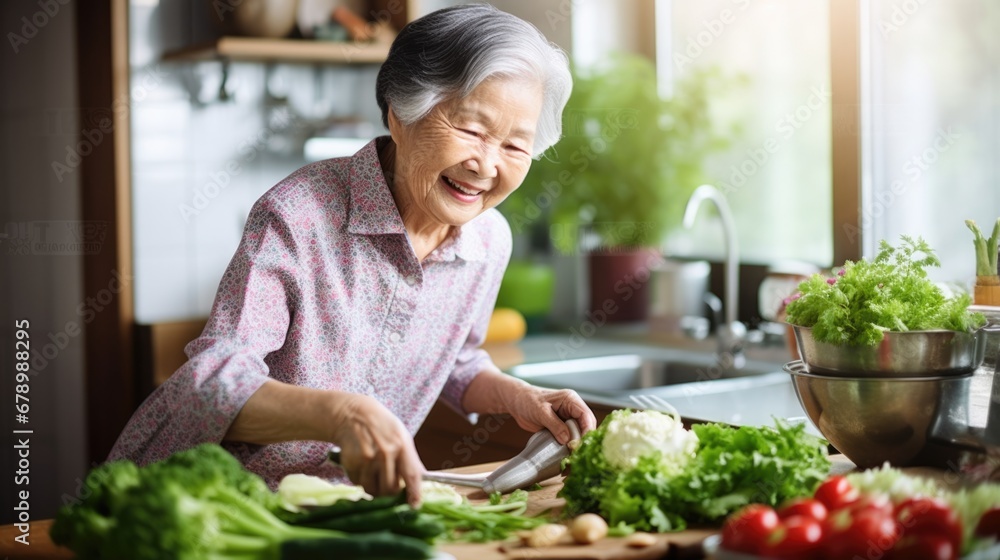 Elderly Asian woman cooking healthy salad soup cut vegetables and tomatoes work in domestic kitchen near window with natural sun light, happy pensioner female retirement prapare food meal for family