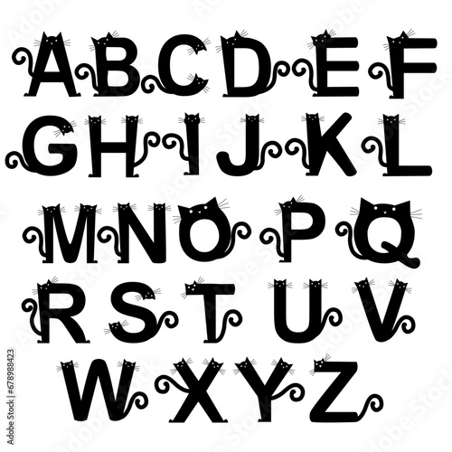 Black cat stylized alphabet set A to Z, Decorative Letters with ear, whiskers and tail. Vector illustration.