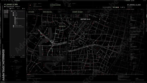 AI route tracking technology used by the police to find the runaway criminals. AI software tracking the target gps route. AI route tracking program locates the stolen vehicle in the city. UI. Map. photo