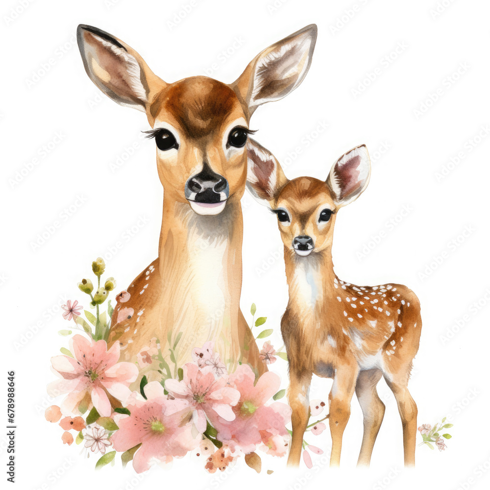 Cute mom and baby deer with flower Illustration, Generative Ai Cute mom and baby deer with flower Illustration, Generative Ai
