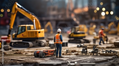 Miniature worker figurine in hard hat at detailed construction site. Focus on toy model amid industrial scene.