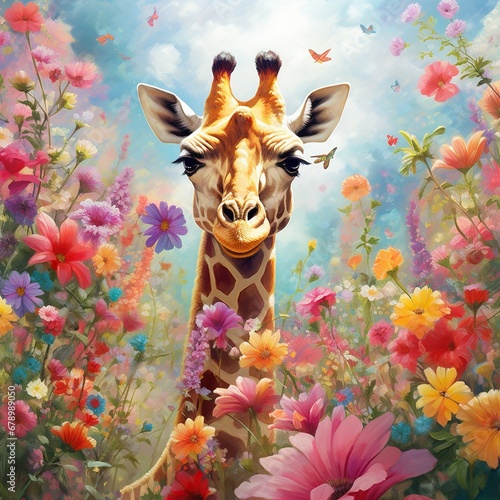 Christmas Giraffe in a Meadow of Holiday Blooms