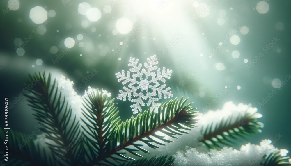 Winter snowflake on pine foliage. AI Generated.