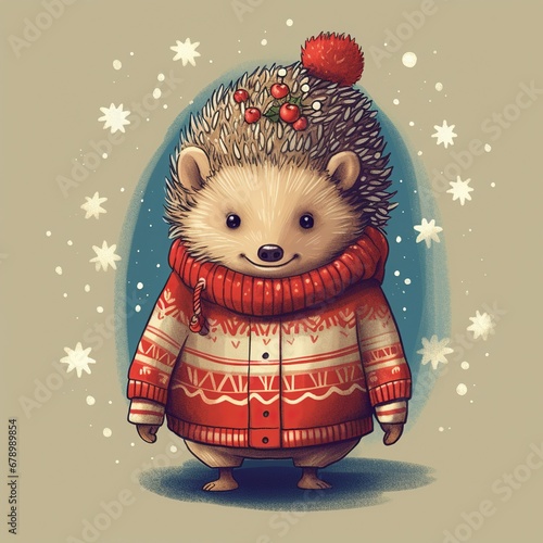 Cozy Christmas Sweater Hedgehog Illustration
