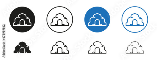 Cave line icon set. Ancient mountain rock cave symbol in black and blue color.