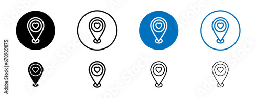 Wedding destination location line icon set. Location pin with heart symbol in black and blue color. photo