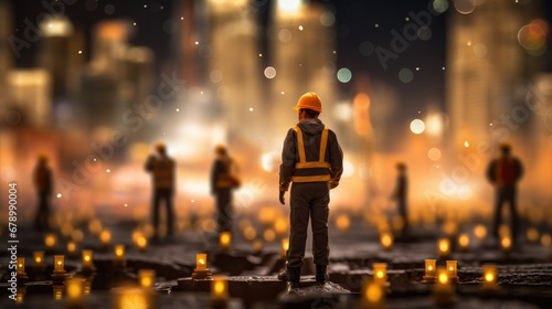 Confident worker in hard hat stands amid a bustling construction site, sharply dressed, foreground focused against a blurred backdrop.