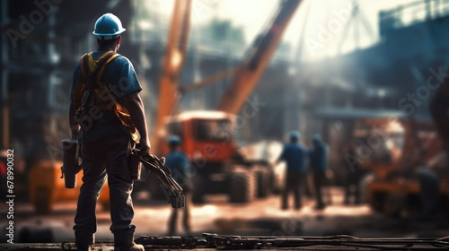 Confident worker in hard hat stands amid a bustling construction site, sharply dressed, foreground focused against a blurred backdrop.