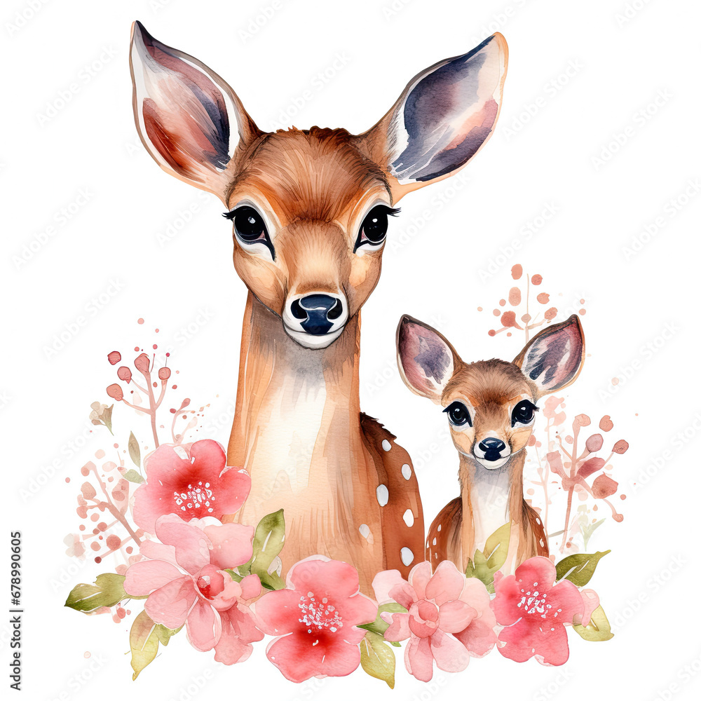 Fototapeta premium Cute mom and baby deer with flower Illustration, Generative Ai