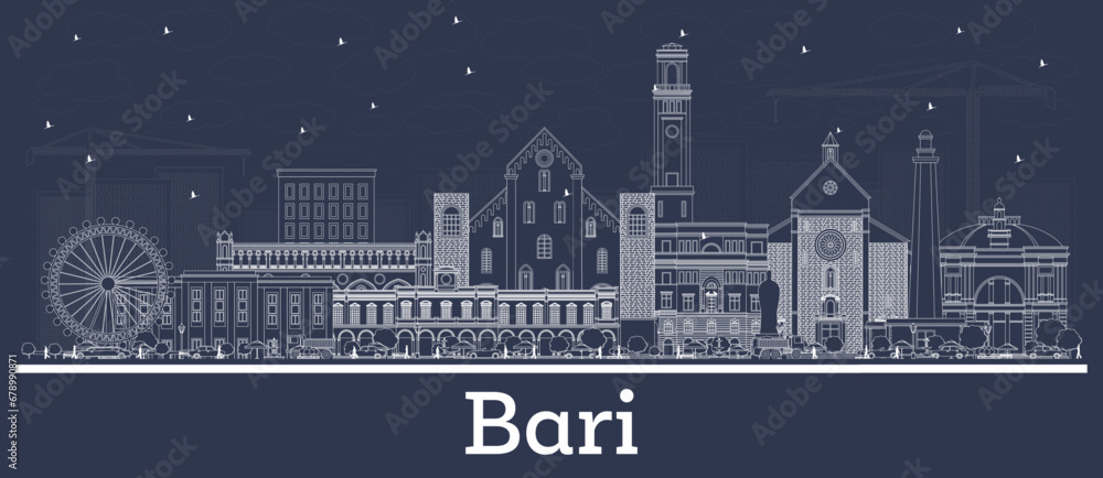 Outline Bari Italy city skyline with white buildings. Business travel and tourism concept with historic architecture. Bari cityscape with landmarks.