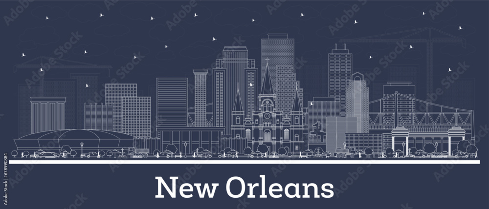 Outline New Orleans Louisiana city skyline with white buildings. Business travel and tourism concept with historic architecture. New Orleans cityscape with landmarks.